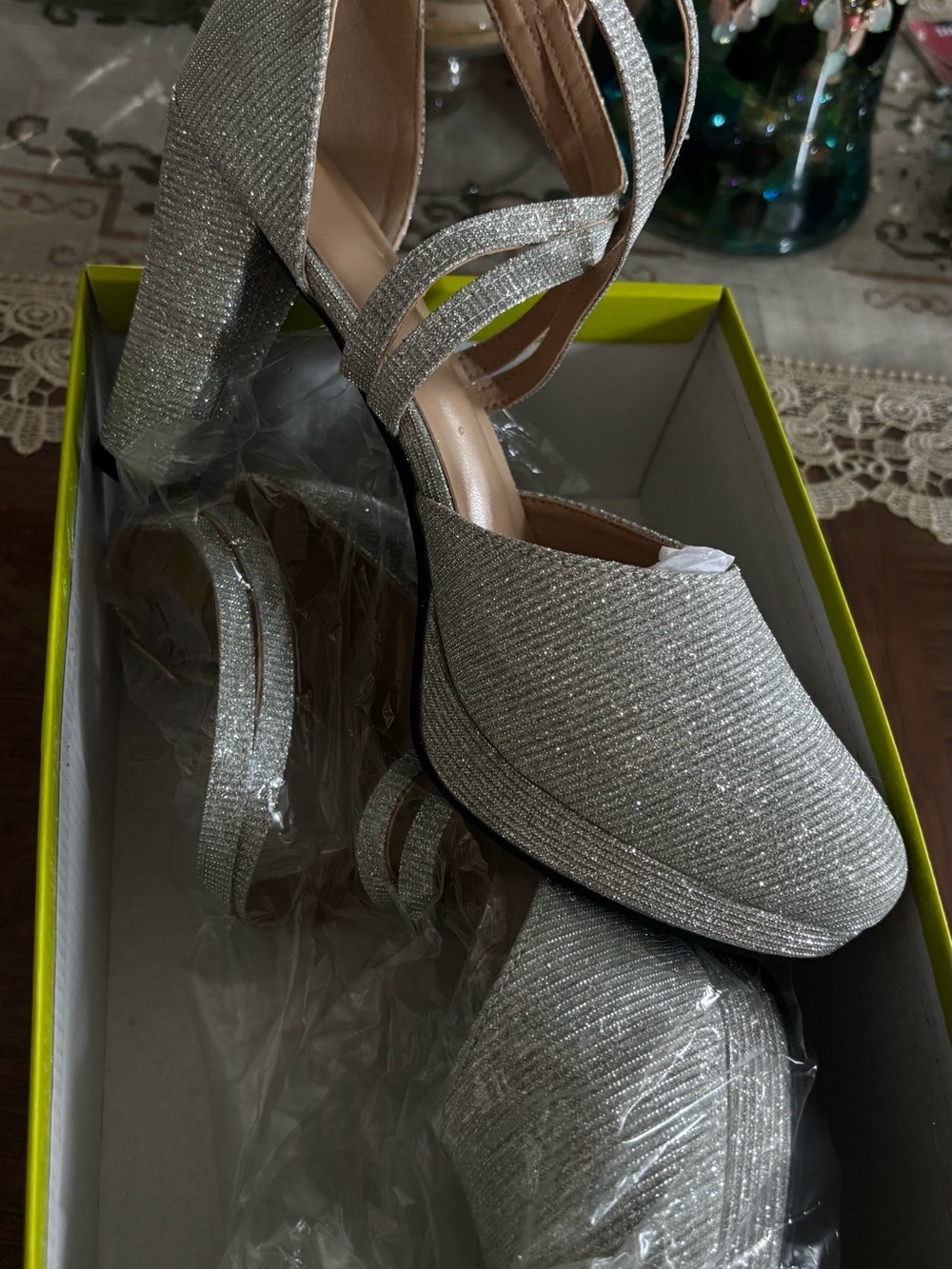 Silver Sparkle Strappy Block Heel Pumps - Women's Size 9 - Picture 5 of 8